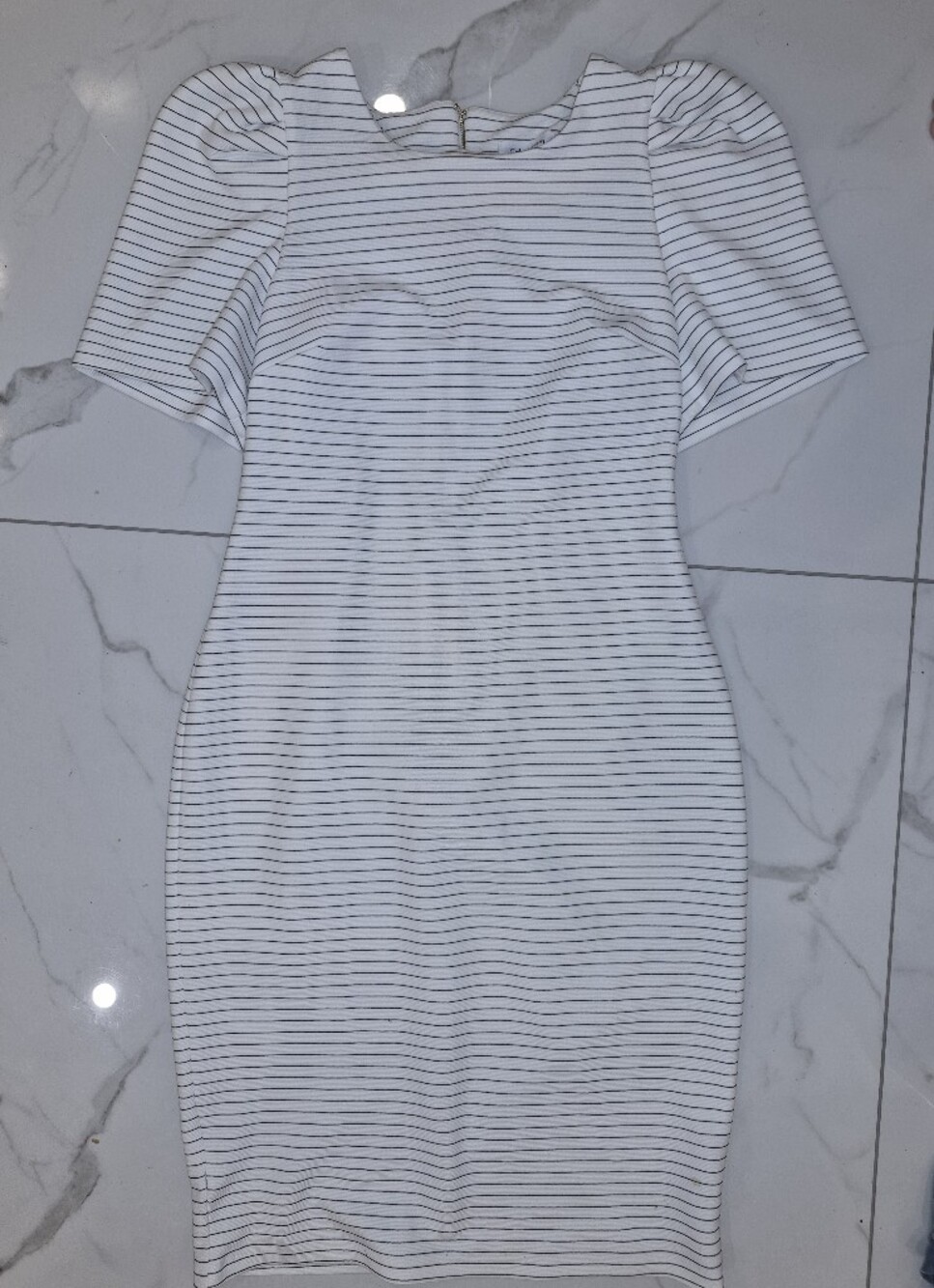 Calvin Klein White Tee Dress with Thin Purple Stripes - Short Sleeve